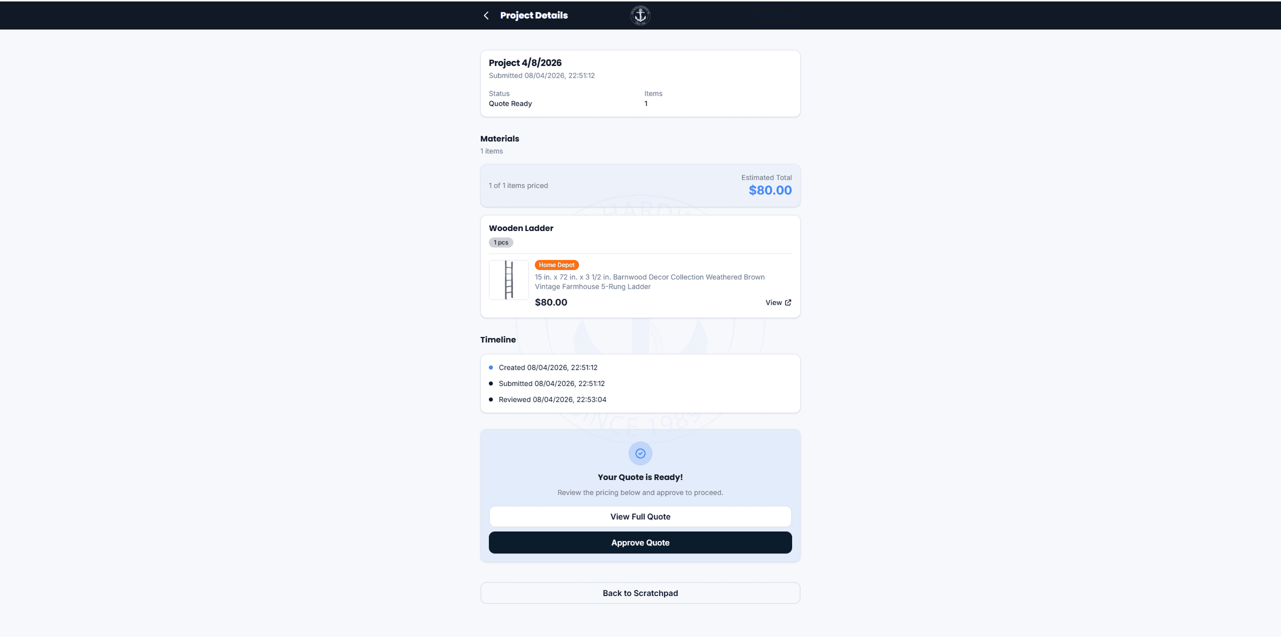 On-Site Estimation App with Live Home Depot Pricing — screen 2
